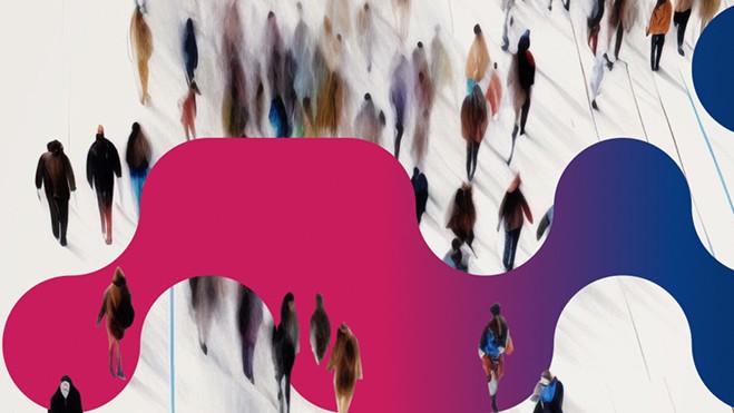 Abstract image of blurred people walking, overlaid with red and blue organic shapes