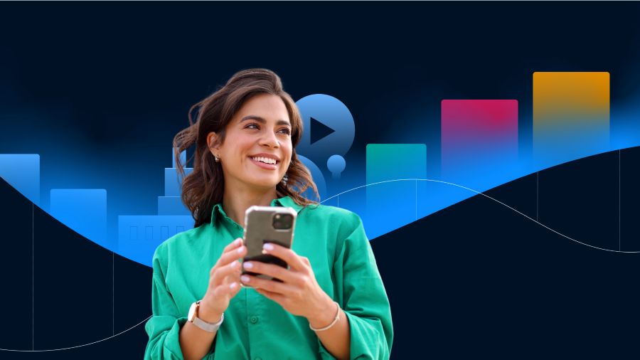 Cover image for the Content Marketing Trend Study 2025 showing a woman using a smartphone in front of abstract data charts.