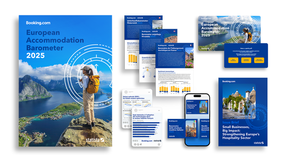 Collage of reports and digital content related to the European Accommodation Barometer 2025