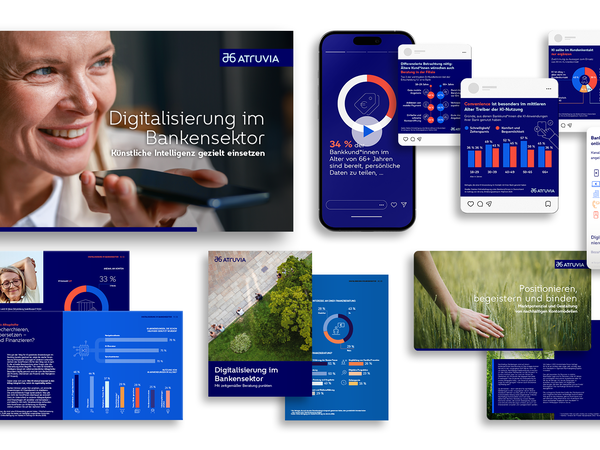 Collage of digital content and social media formats related to digital transformation and AI in the banking sector