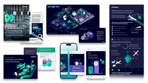 Collage of Siemens industrial content, including reports, infographics, and digital assets on manufacturing, engineering, and simulation topics