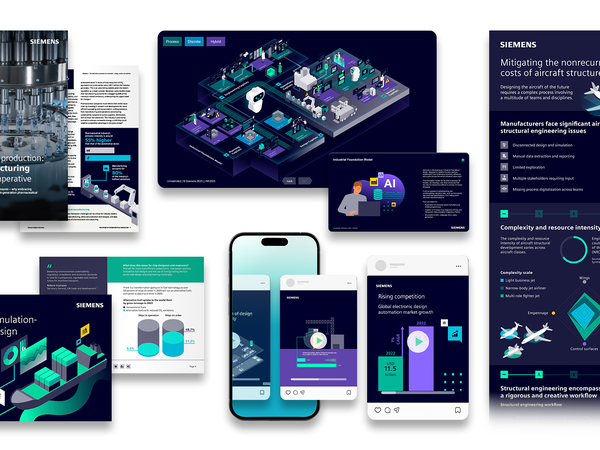 Collage of Siemens industrial content, including reports, infographics, and digital assets on manufacturing, engineering, and simulation topics