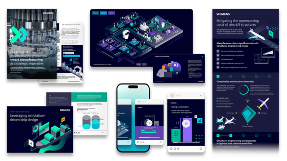 Collage of Siemens industrial content, including reports, infographics, and digital assets on manufacturing, engineering, and simulation topics
