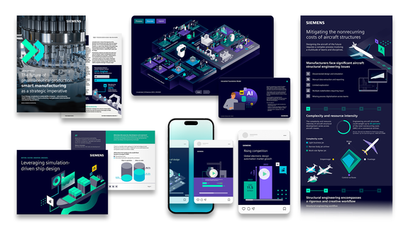 Collage of Siemens industrial content, including reports, infographics, and digital assets on manufacturing, engineering, and simulation topics