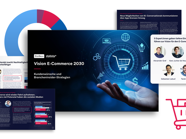 Collage illustrating the Vision E-Commerce 2030 report, including expert insights and related content