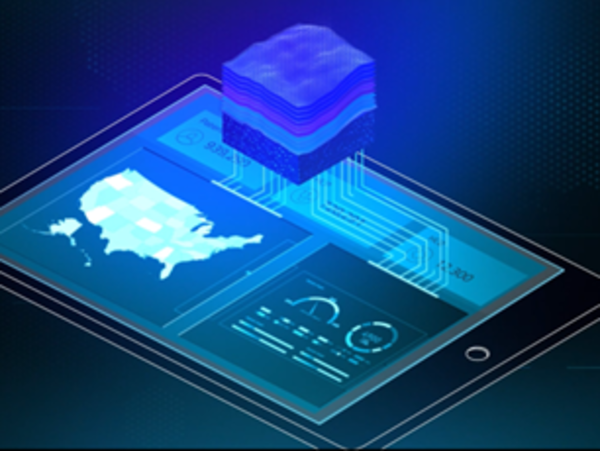 Abstract illustration of a tablet interface displaying data visualizations and layered digital elements