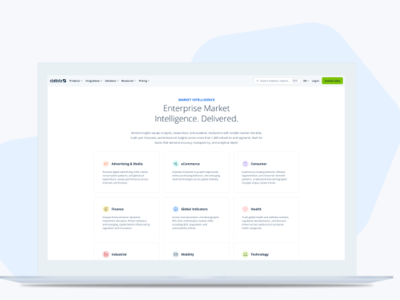 Statista Market Insights product page on a laptop, showing enterprise intelligence categories including Advertising & Media, eCommerce, Finance, and Health.