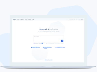 Research AI by Statista interface on a laptop, with a search prompt and example queries about global consumer trends.