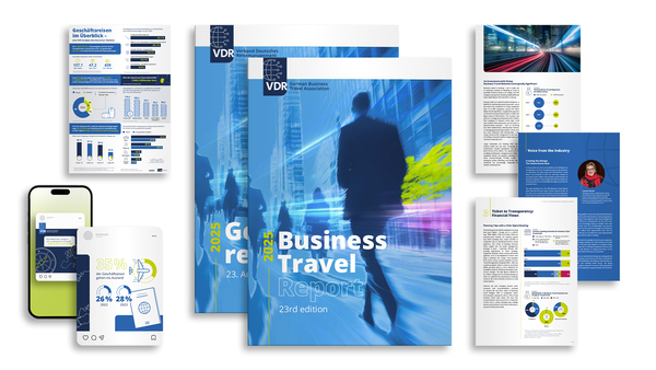 Collage of the Business Travel Report 2025 and related digital content