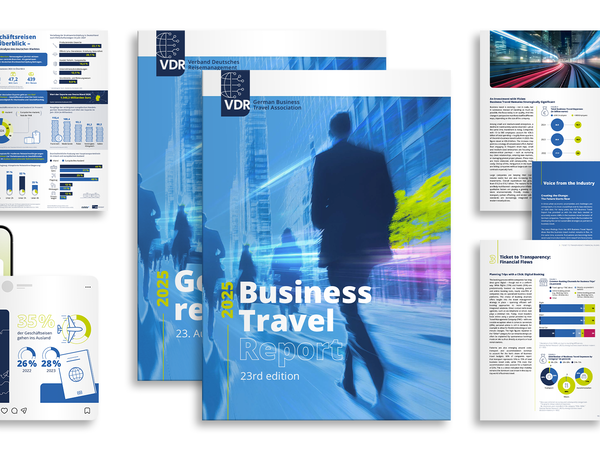 Collage of the Business Travel Report 2025 and related digital content