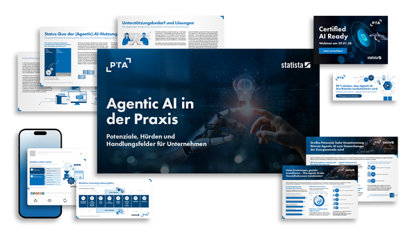 Collage illustrating the “Agentic AI in der Praxis” report, including related content formats and webinar materials