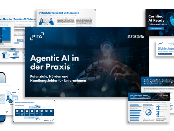 Collage illustrating the “Agentic AI in der Praxis” report, including related content formats and webinar materials